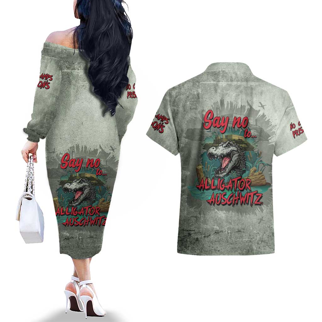 Say No To Alligator Auschwitz Couples Matching Off The Shoulder Long Sleeve Dress and Hawaiian Shirt - Wonder Print Shop