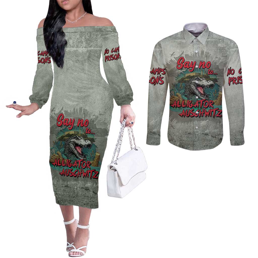 Say No To Alligator Auschwitz Couples Matching Off The Shoulder Long Sleeve Dress and Long Sleeve Button Shirt - Wonder Print Shop