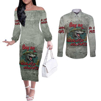 Say No To Alligator Auschwitz Couples Matching Off The Shoulder Long Sleeve Dress and Long Sleeve Button Shirt - Wonder Print Shop