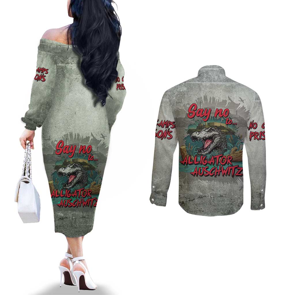 Say No To Alligator Auschwitz Couples Matching Off The Shoulder Long Sleeve Dress and Long Sleeve Button Shirt - Wonder Print Shop