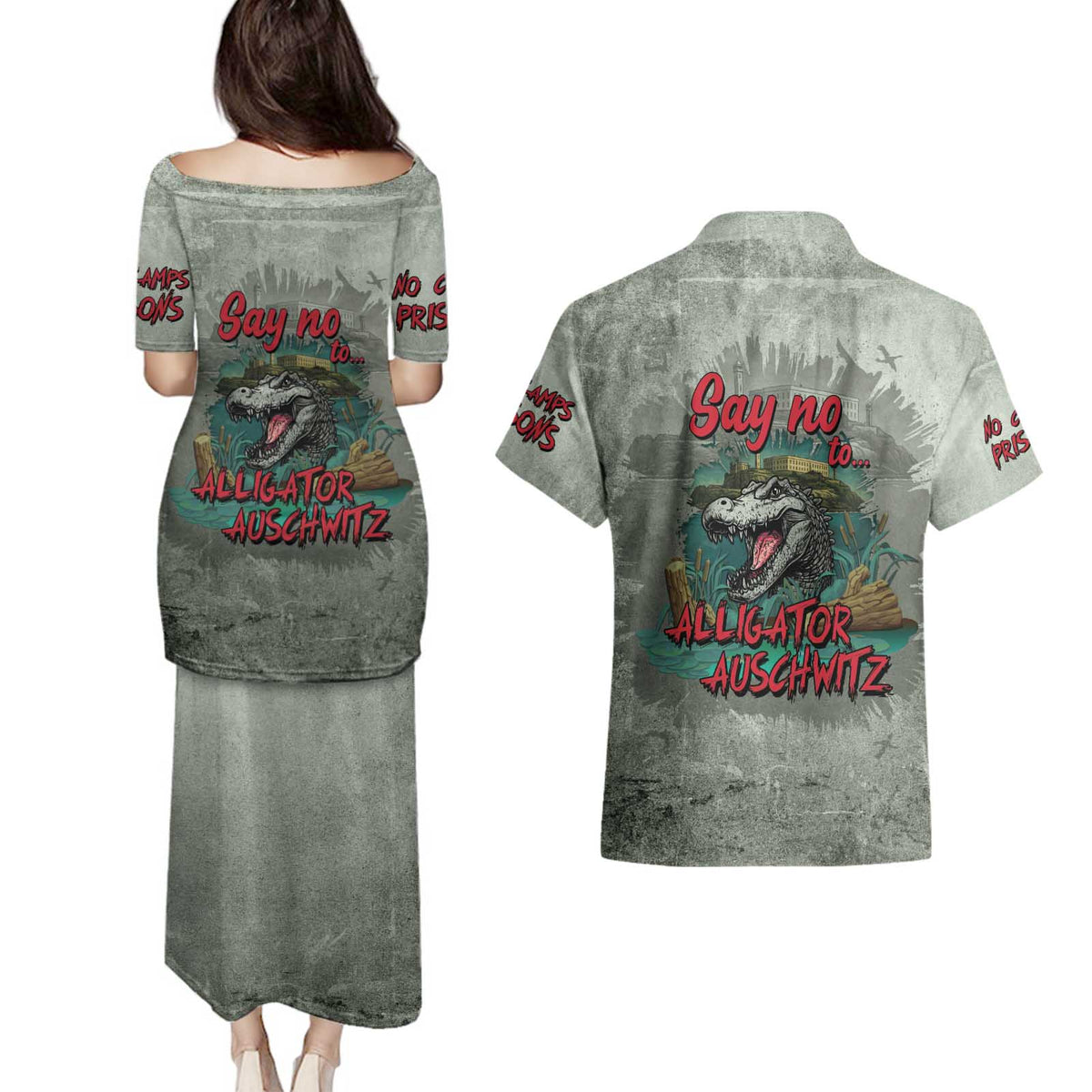 Say No To Alligator Auschwitz Couples Matching Puletasi and Hawaiian Shirt - Wonder Print Shop