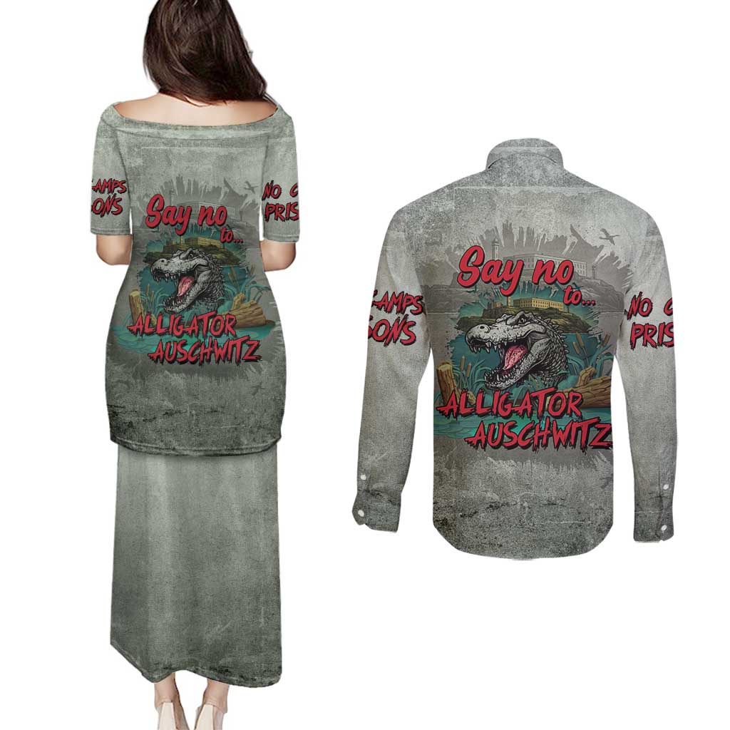 Say No To Alligator Auschwitz Couples Matching Puletasi and Long Sleeve Button Shirt - Wonder Print Shop