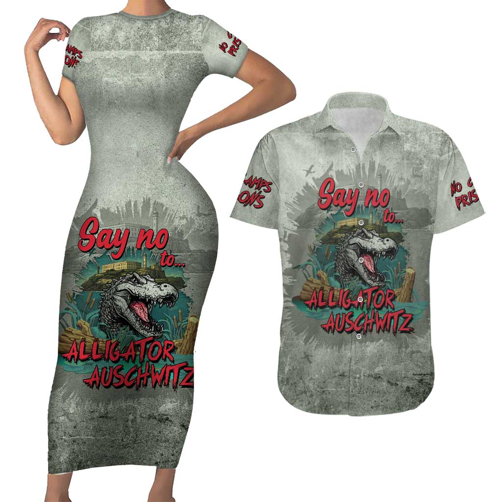 Say No To Alligator Auschwitz Couples Matching Short Sleeve Bodycon Dress and Hawaiian Shirt - Wonder Print Shop