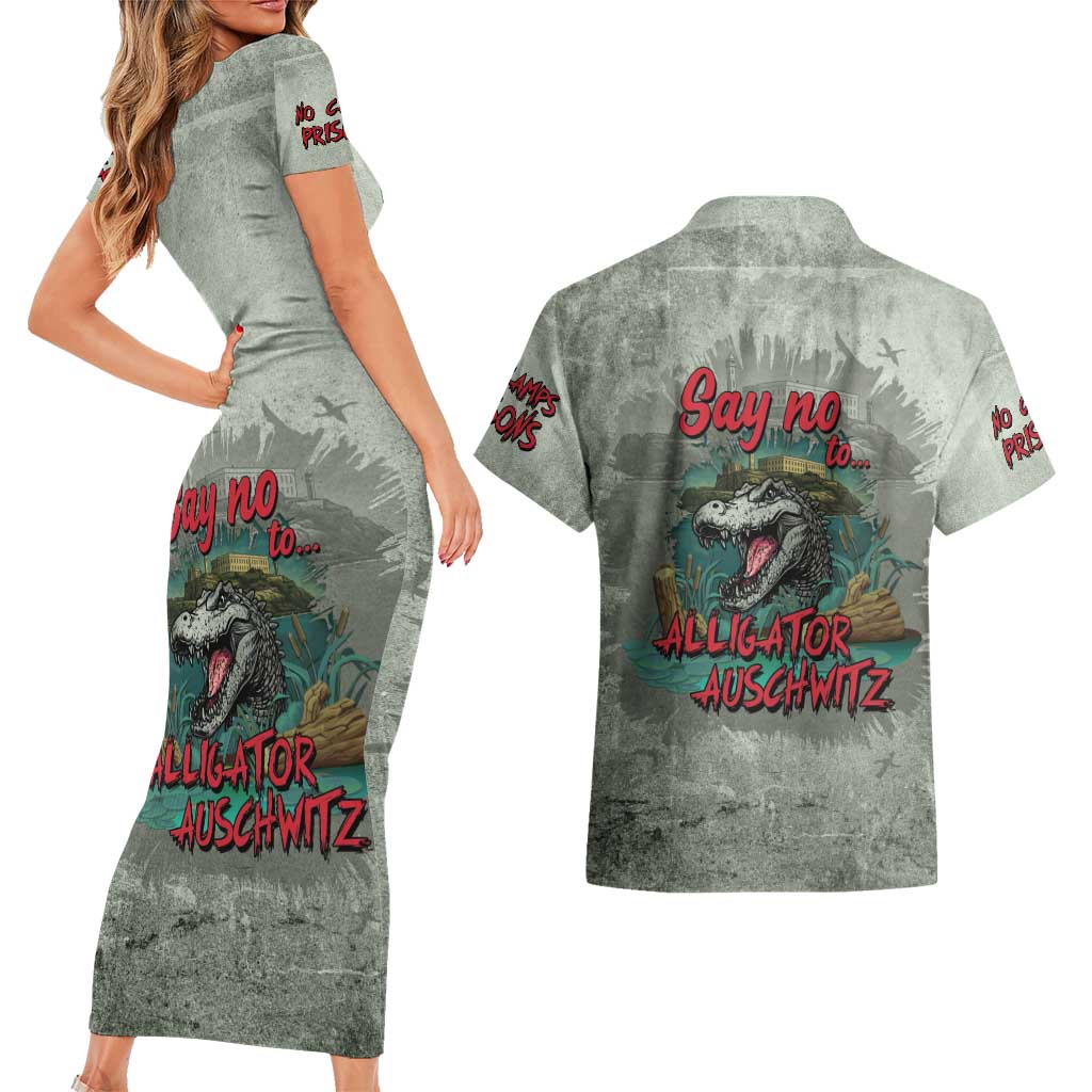 Say No To Alligator Auschwitz Couples Matching Short Sleeve Bodycon Dress and Hawaiian Shirt - Wonder Print Shop
