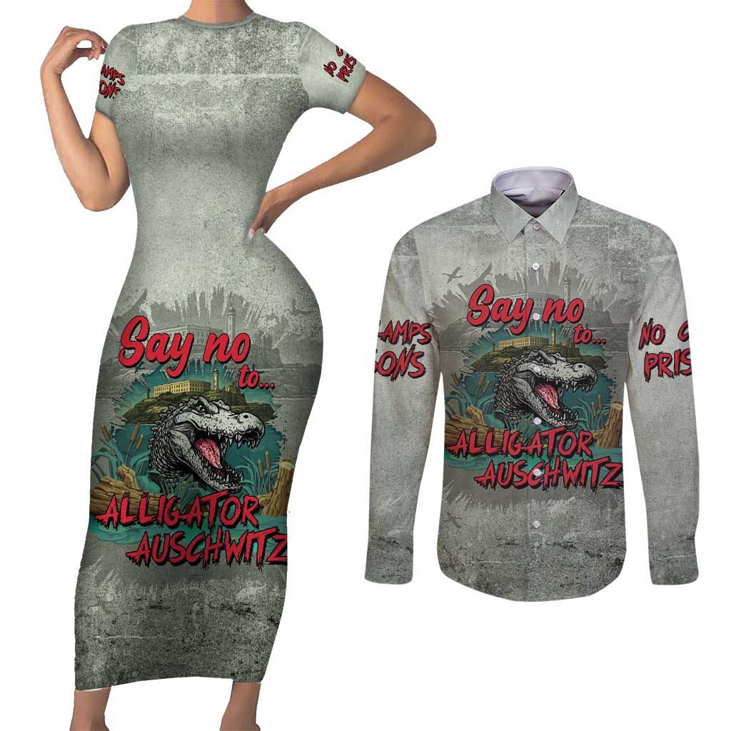 Say No To Alligator Auschwitz Couples Matching Short Sleeve Bodycon Dress and Long Sleeve Button Shirt - Wonder Print Shop