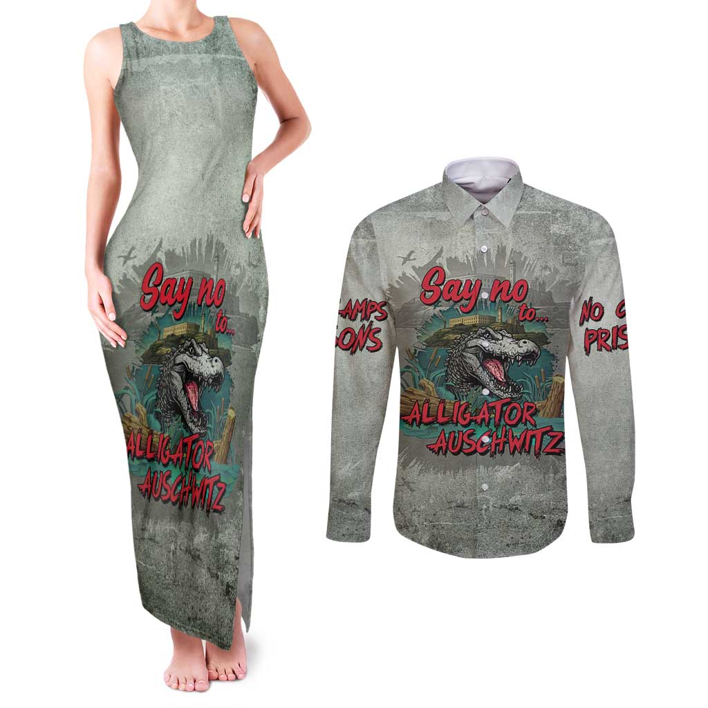 Say No To Alligator Auschwitz Couples Matching Tank Maxi Dress and Long Sleeve Button Shirt - Wonder Print Shop