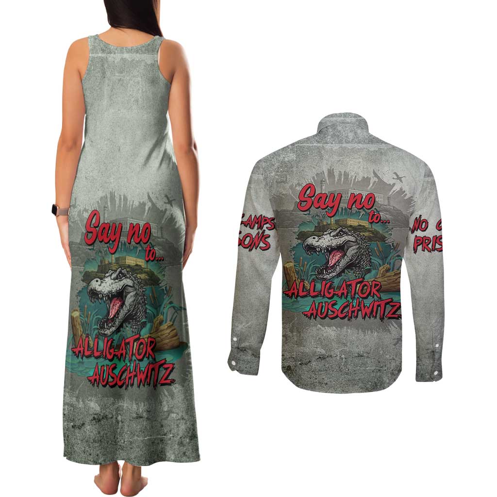 Say No To Alligator Auschwitz Couples Matching Tank Maxi Dress and Long Sleeve Button Shirt - Wonder Print Shop
