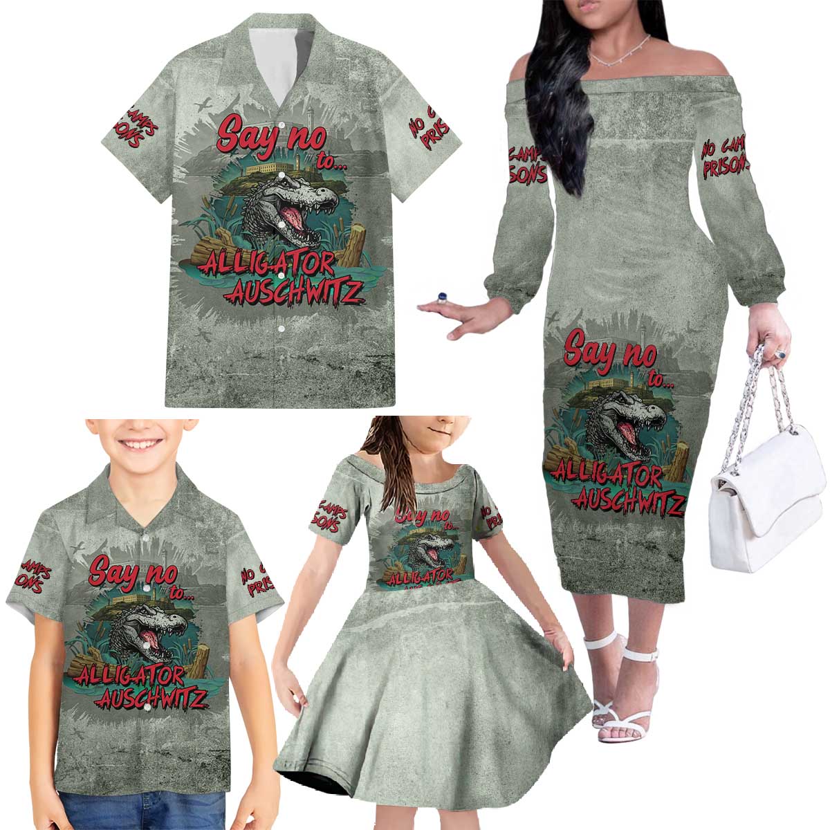 Say No To Alligator Auschwitz Family Matching Off The Shoulder Long Sleeve Dress and Hawaiian Shirt - Wonder Print Shop