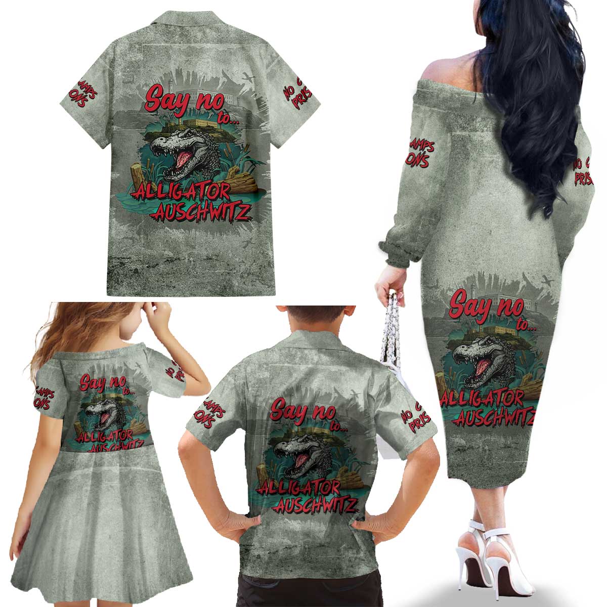 Say No To Alligator Auschwitz Family Matching Off The Shoulder Long Sleeve Dress and Hawaiian Shirt - Wonder Print Shop