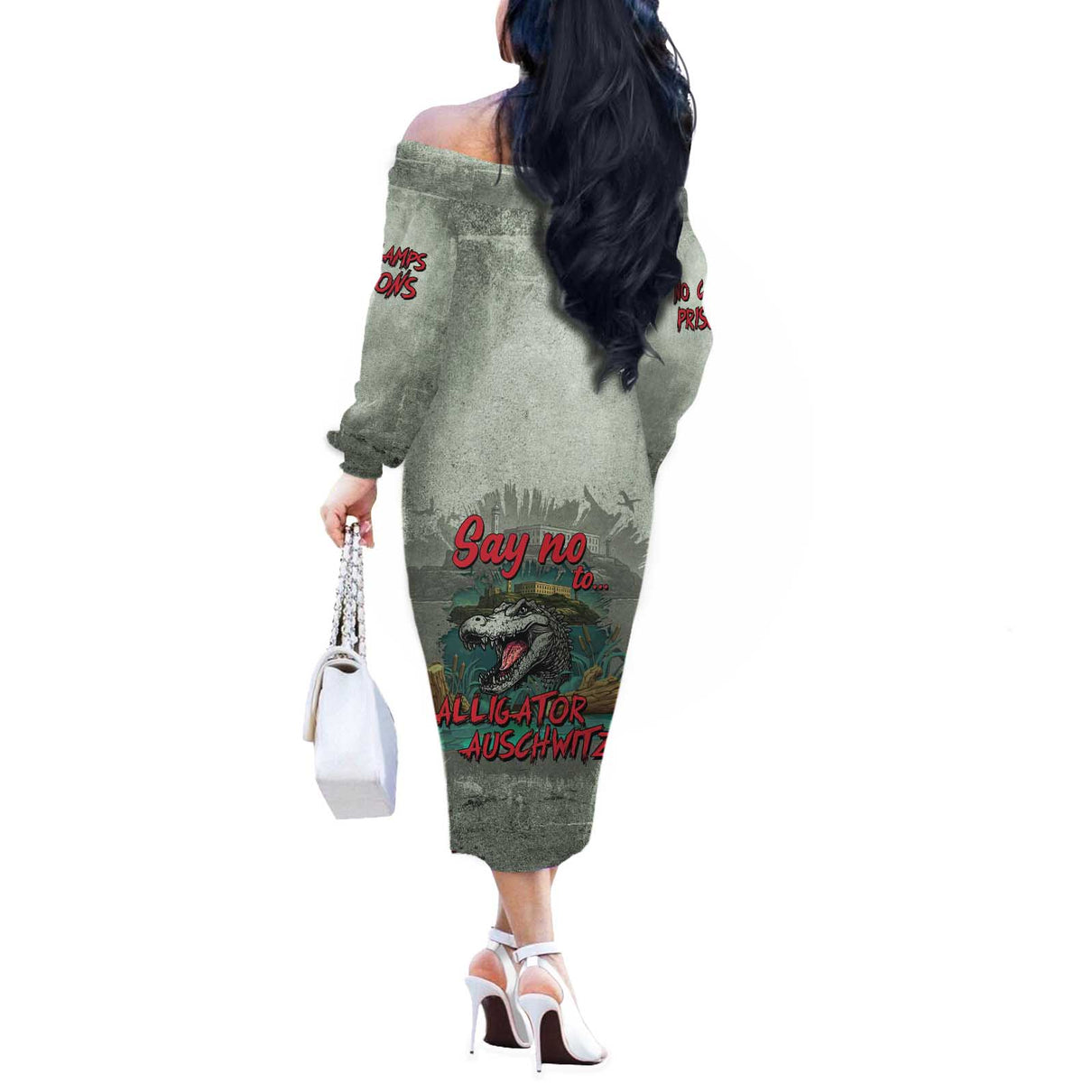 Say No To Alligator Auschwitz Off The Shoulder Long Sleeve Dress - Wonder Print Shop