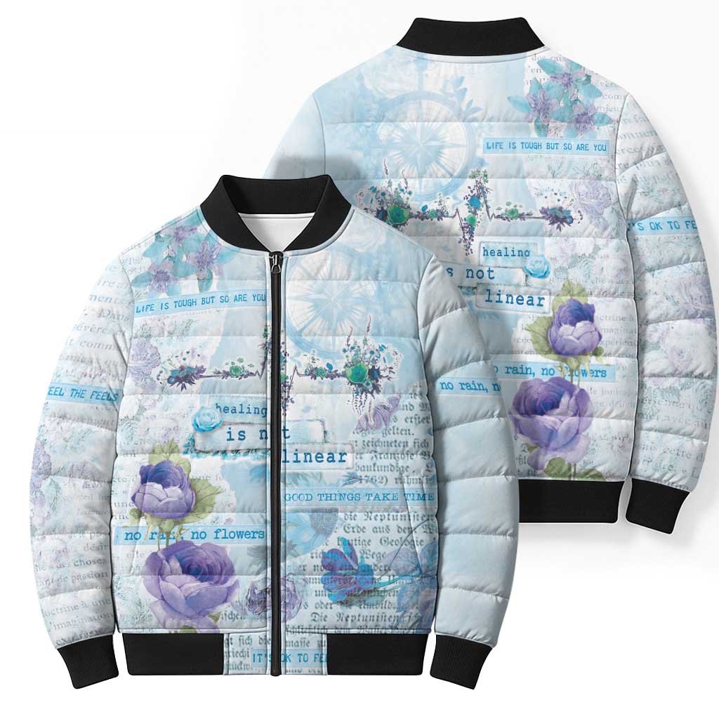 Mental Health Bomber Puffer Jacket Healing Is Not Linear - Wonder Print Shop