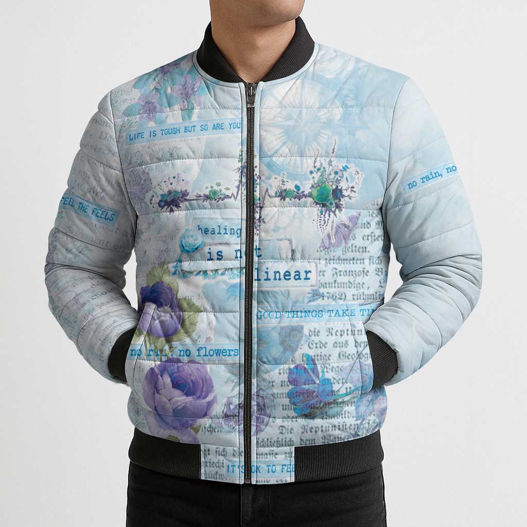Mental Health Bomber Puffer Jacket Healing Is Not Linear - Wonder Print Shop