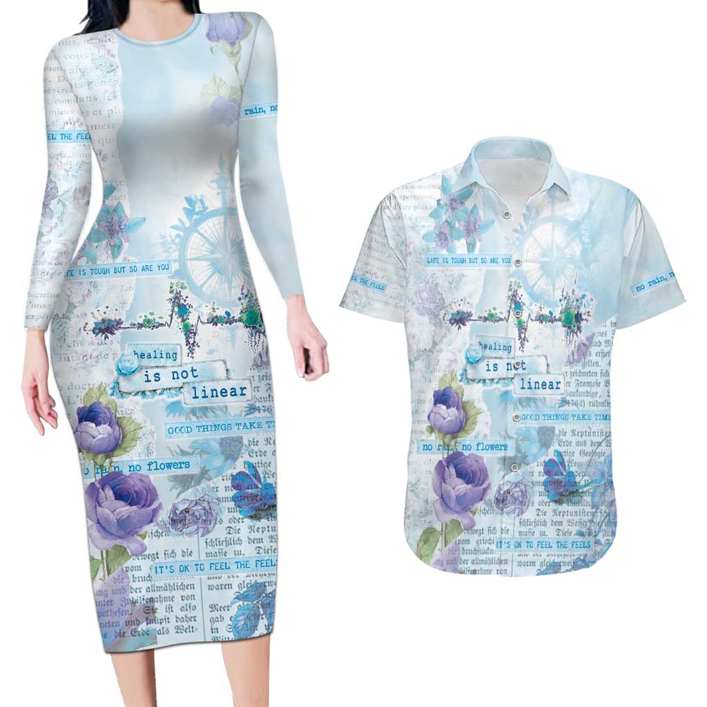 Mental Health Couples Matching Long Sleeve Bodycon Dress and Hawaiian Shirt Healing Is Not Linear - Wonder Print Shop