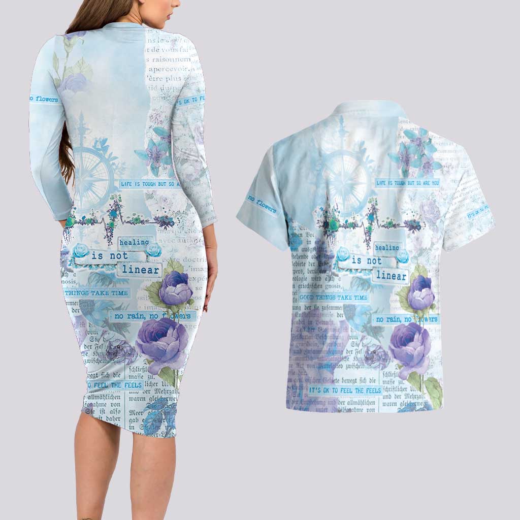 Mental Health Couples Matching Long Sleeve Bodycon Dress and Hawaiian Shirt Healing Is Not Linear - Wonder Print Shop