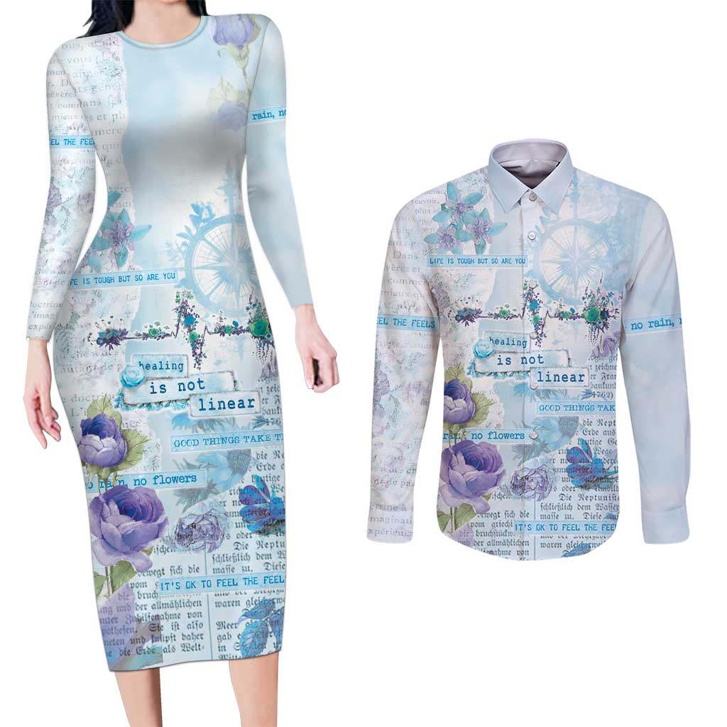 Mental Health Couples Matching Long Sleeve Bodycon Dress and Long Sleeve Button Shirt Healing Is Not Linear - Wonder Print Shop