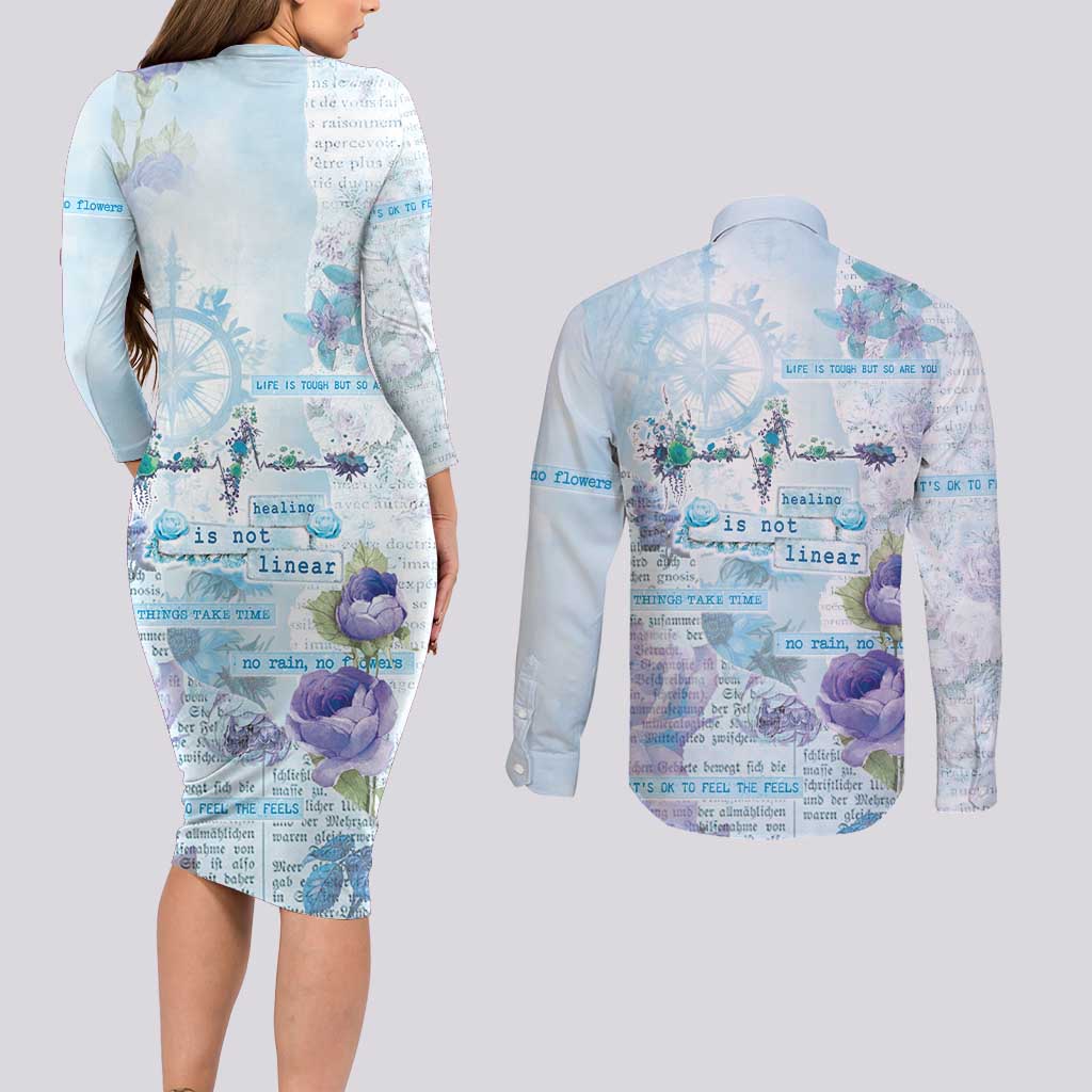 Mental Health Couples Matching Long Sleeve Bodycon Dress and Long Sleeve Button Shirt Healing Is Not Linear - Wonder Print Shop