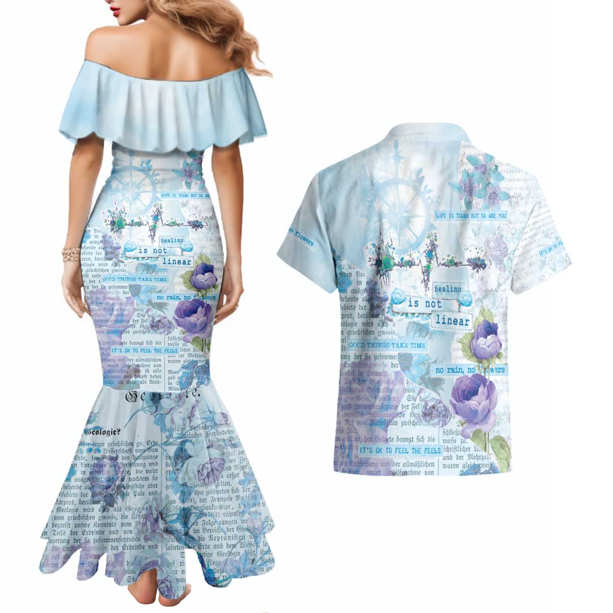 Mental Health Couples Matching Mermaid Dress and Hawaiian Shirt Healing Is Not Linear - Wonder Print Shop