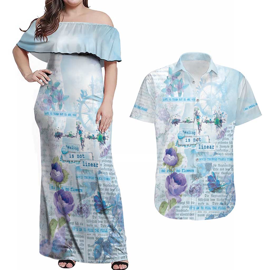 Mental Health Couples Matching Off Shoulder Maxi Dress and Hawaiian Shirt Healing Is Not Linear - Wonder Print Shop
