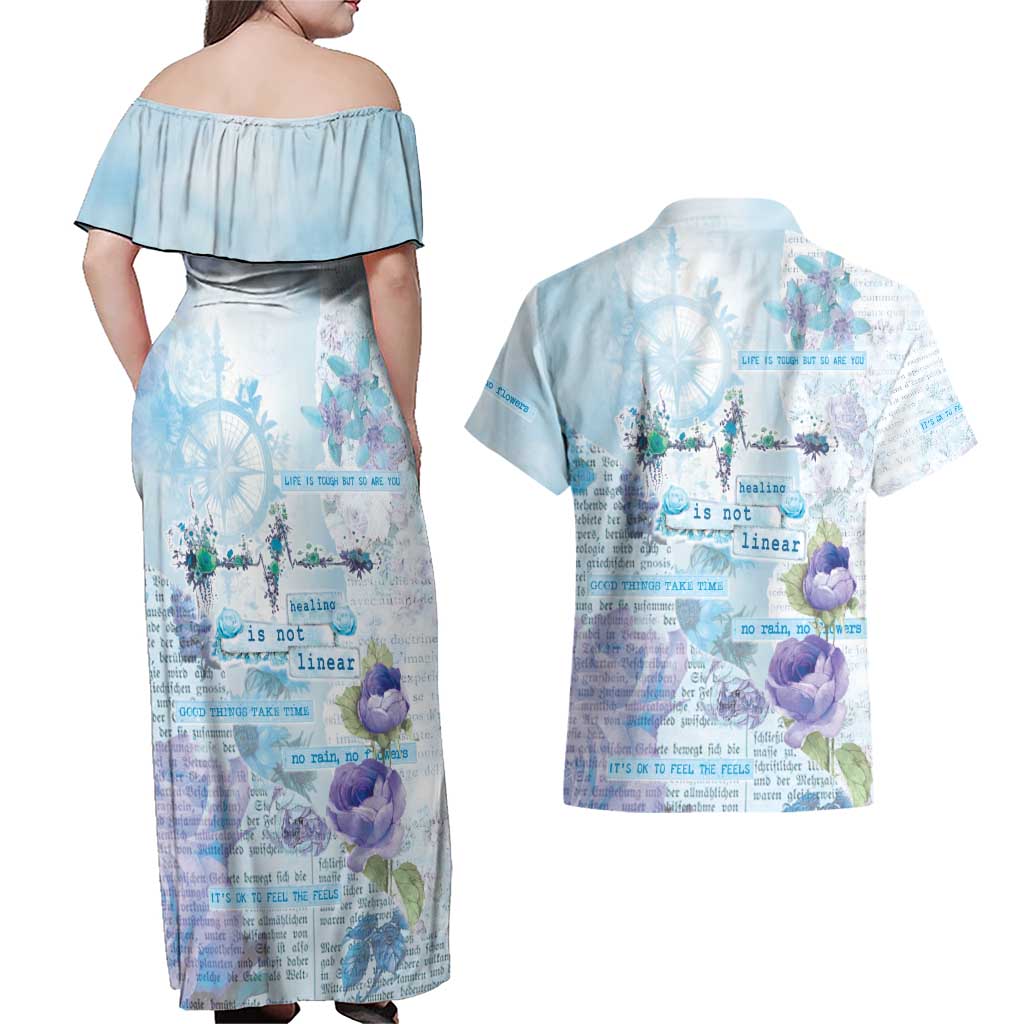 Mental Health Couples Matching Off Shoulder Maxi Dress and Hawaiian Shirt Healing Is Not Linear - Wonder Print Shop