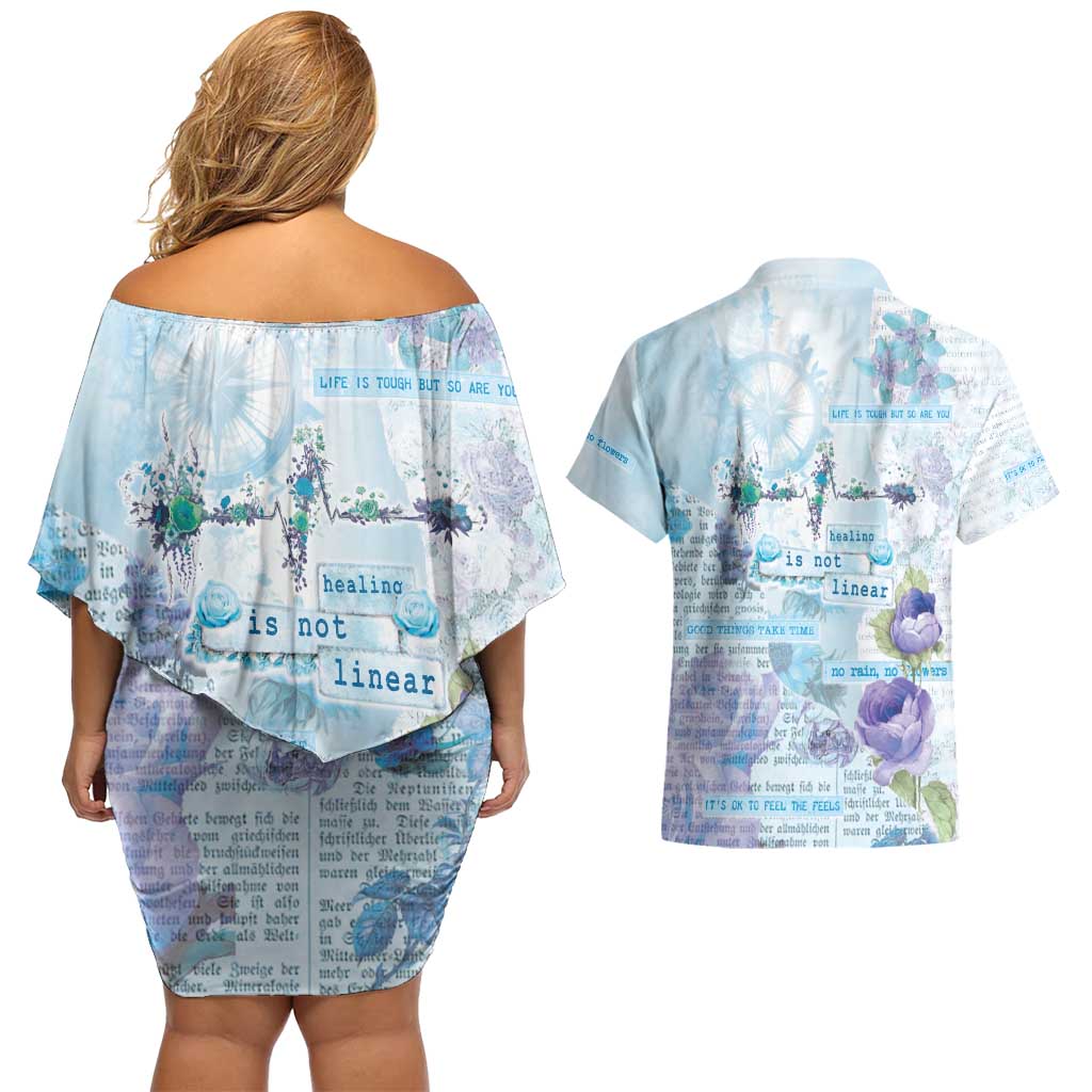 Mental Health Couples Matching Off Shoulder Short Dress and Hawaiian Shirt Healing Is Not Linear - Wonder Print Shop