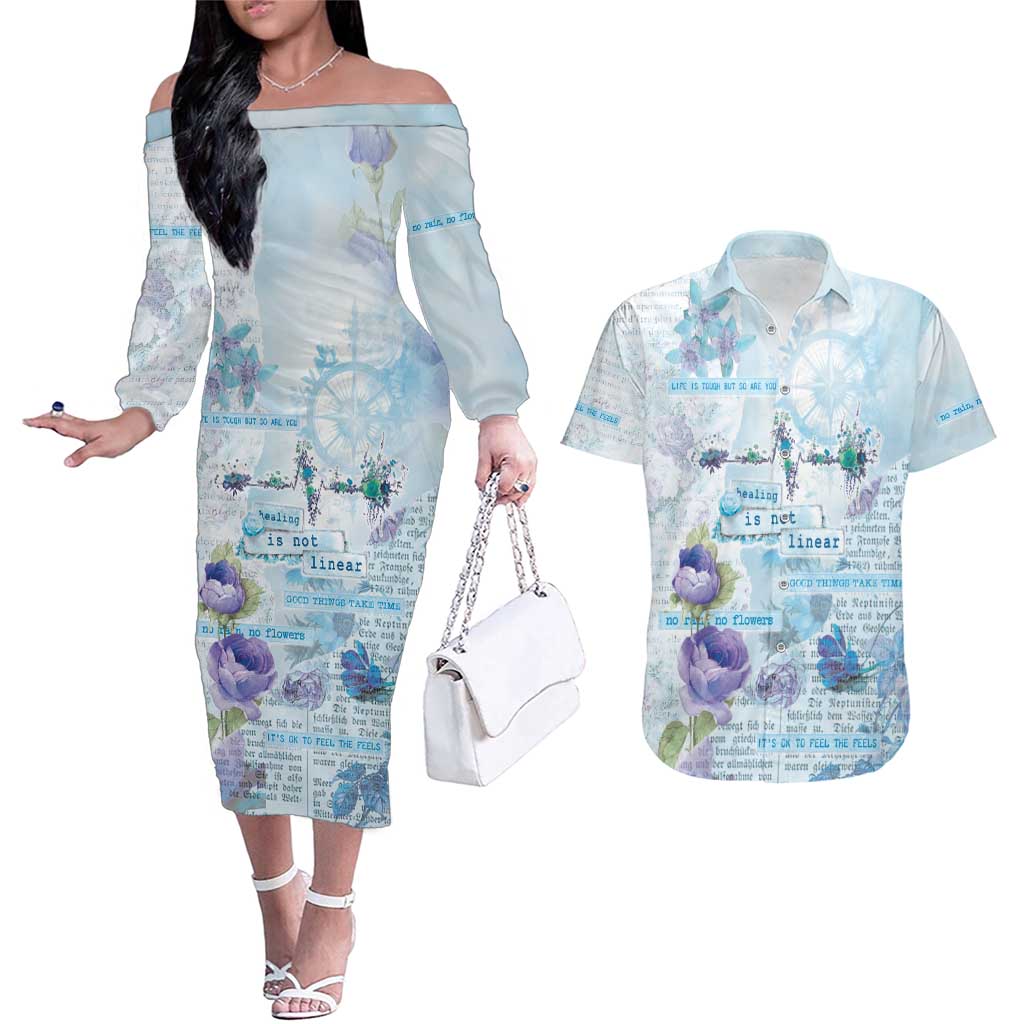 Mental Health Couples Matching Off The Shoulder Long Sleeve Dress and Hawaiian Shirt Healing Is Not Linear - Wonder Print Shop
