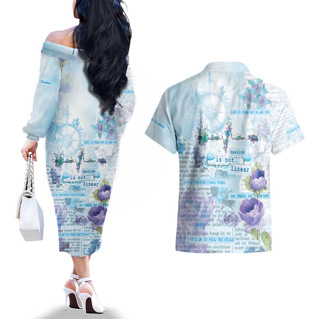 Mental Health Couples Matching Off The Shoulder Long Sleeve Dress and Hawaiian Shirt Healing Is Not Linear - Wonder Print Shop