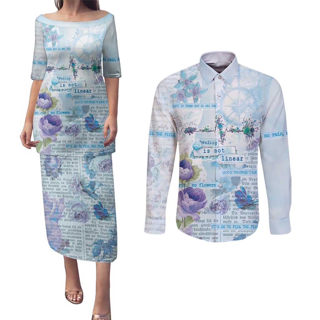 Mental Health Couples Matching Puletasi and Long Sleeve Button Shirt Healing Is Not Linear - Wonder Print Shop