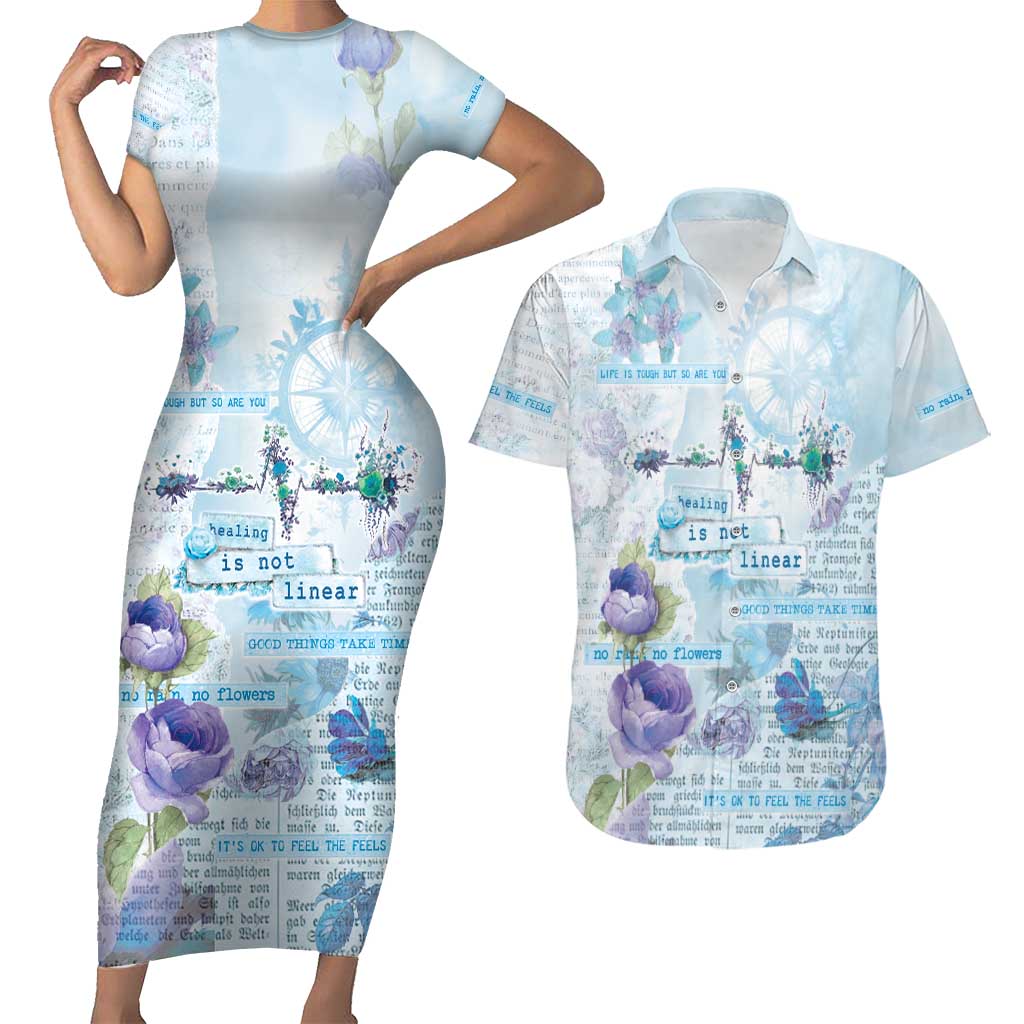 Mental Health Couples Matching Short Sleeve Bodycon Dress and Hawaiian Shirt Healing Is Not Linear - Wonder Print Shop