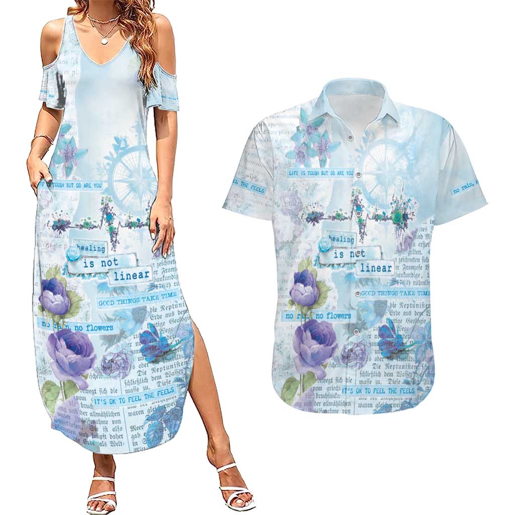 Mental Health Couples Matching Summer Maxi Dress and Hawaiian Shirt Healing Is Not Linear - Wonder Print Shop