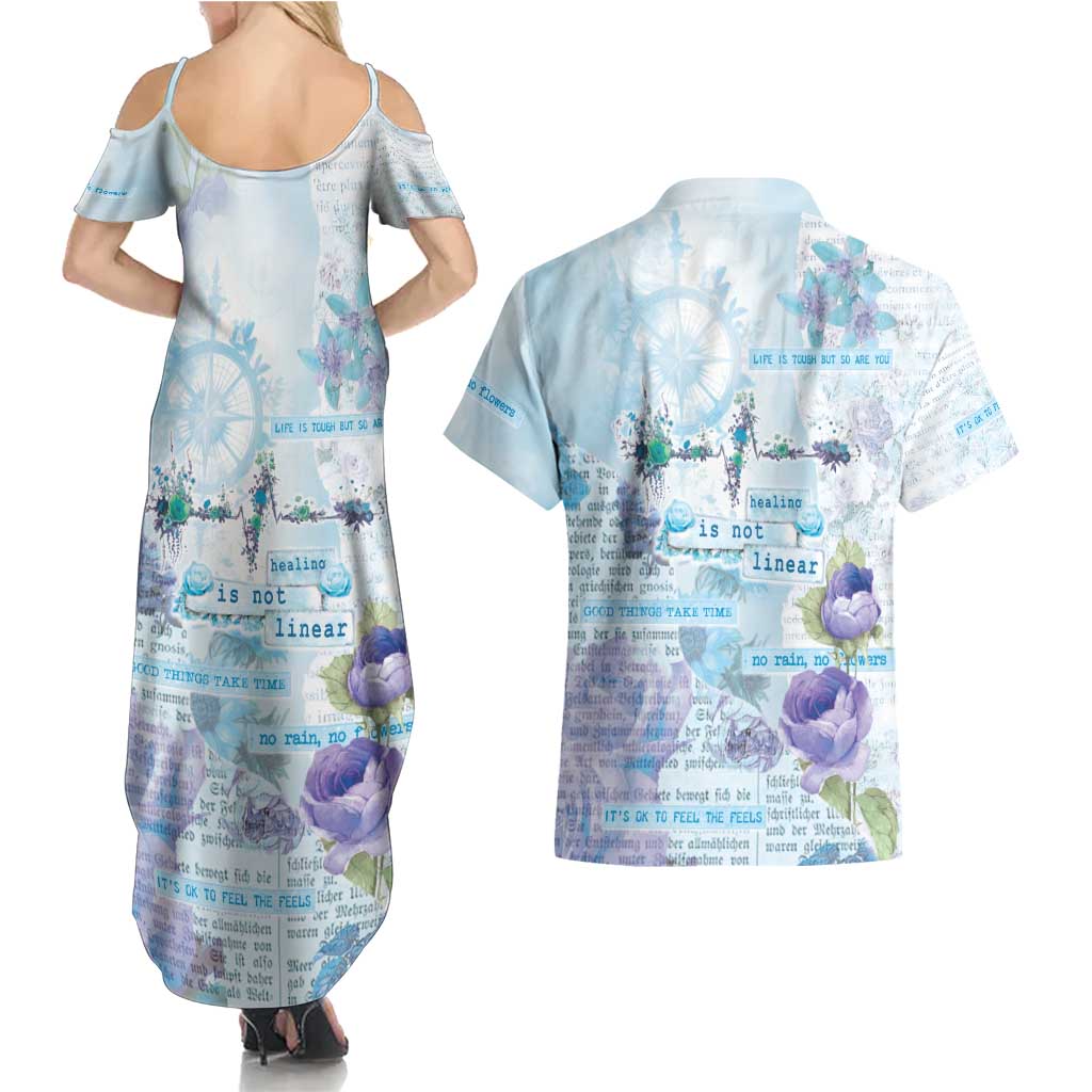 Mental Health Couples Matching Summer Maxi Dress and Hawaiian Shirt Healing Is Not Linear - Wonder Print Shop