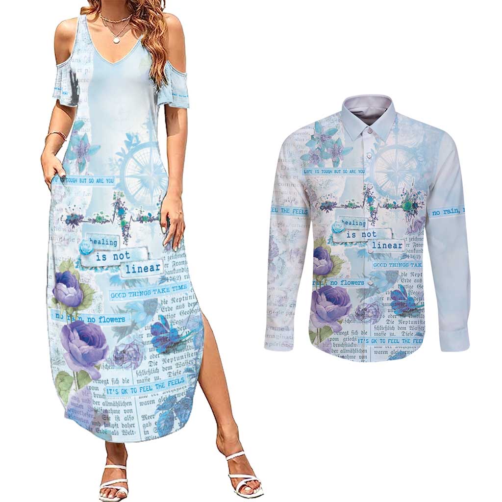 Mental Health Couples Matching Summer Maxi Dress and Long Sleeve Button Shirt Healing Is Not Linear - Wonder Print Shop