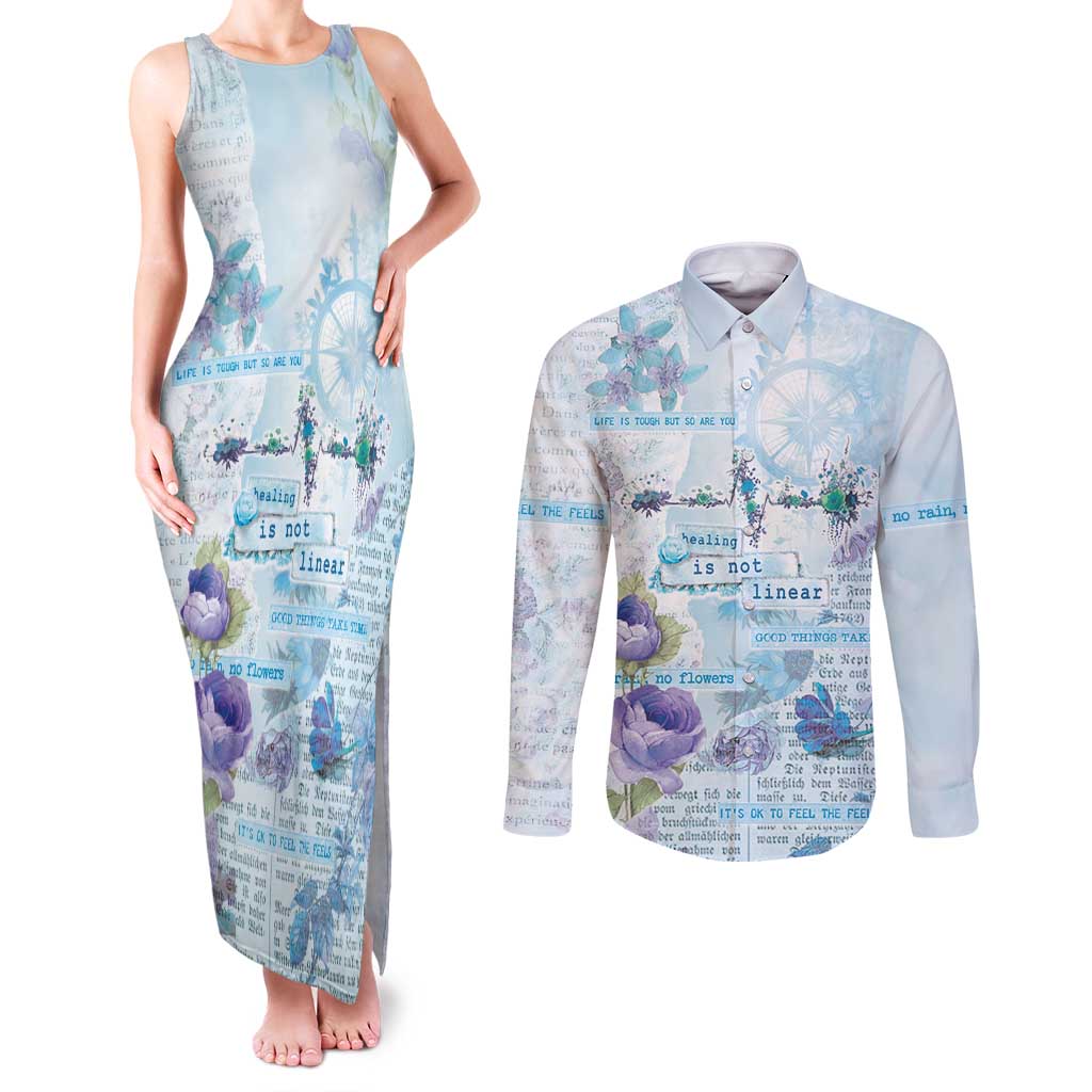 Mental Health Couples Matching Tank Maxi Dress and Long Sleeve Button Shirt Healing Is Not Linear - Wonder Print Shop