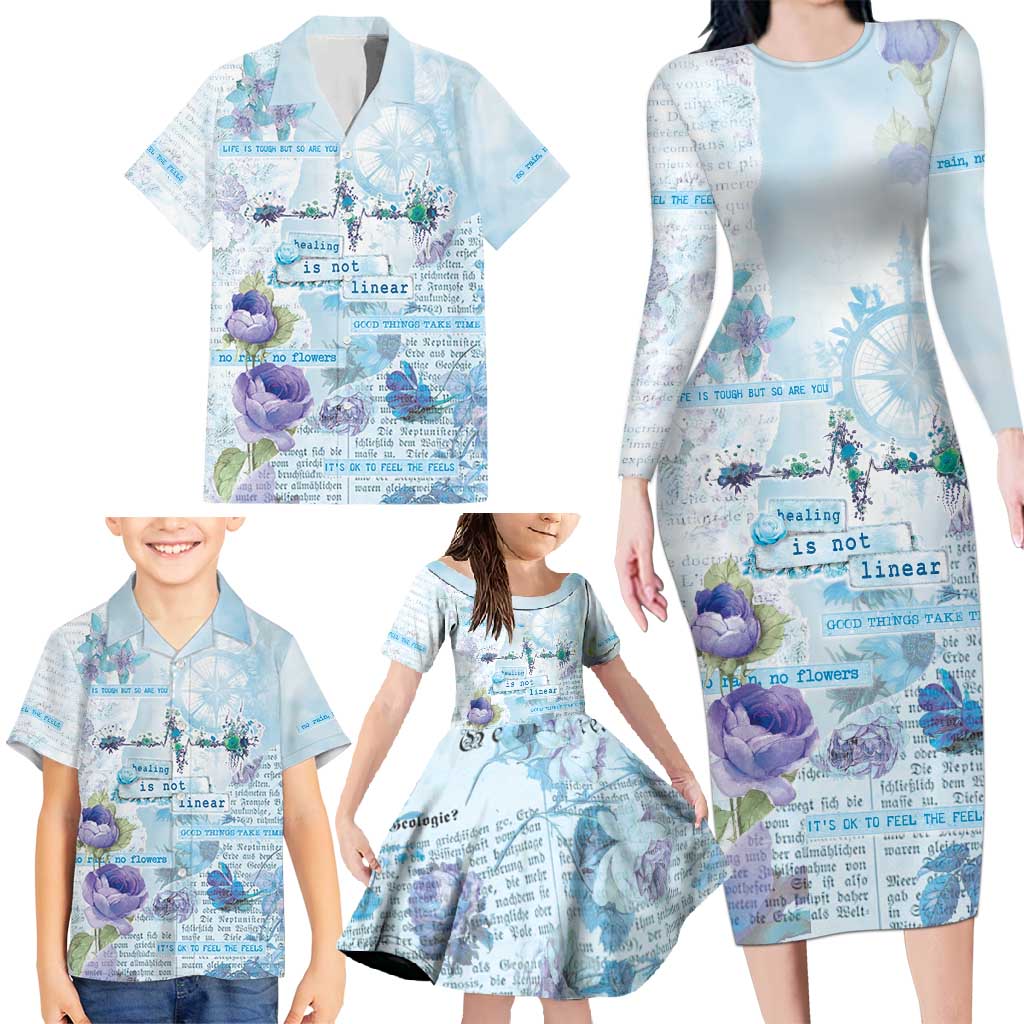 Mental Health Family Matching Long Sleeve Bodycon Dress and Hawaiian Shirt Healing Is Not Linear - Wonder Print Shop