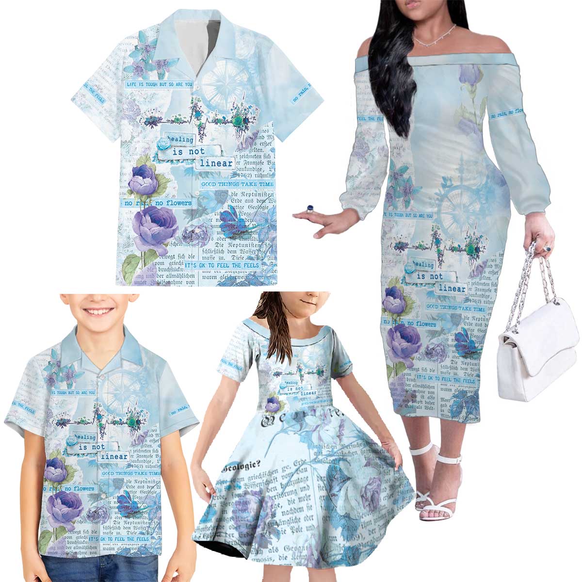 Mental Health Family Matching Off The Shoulder Long Sleeve Dress and Hawaiian Shirt Healing Is Not Linear - Wonder Print Shop