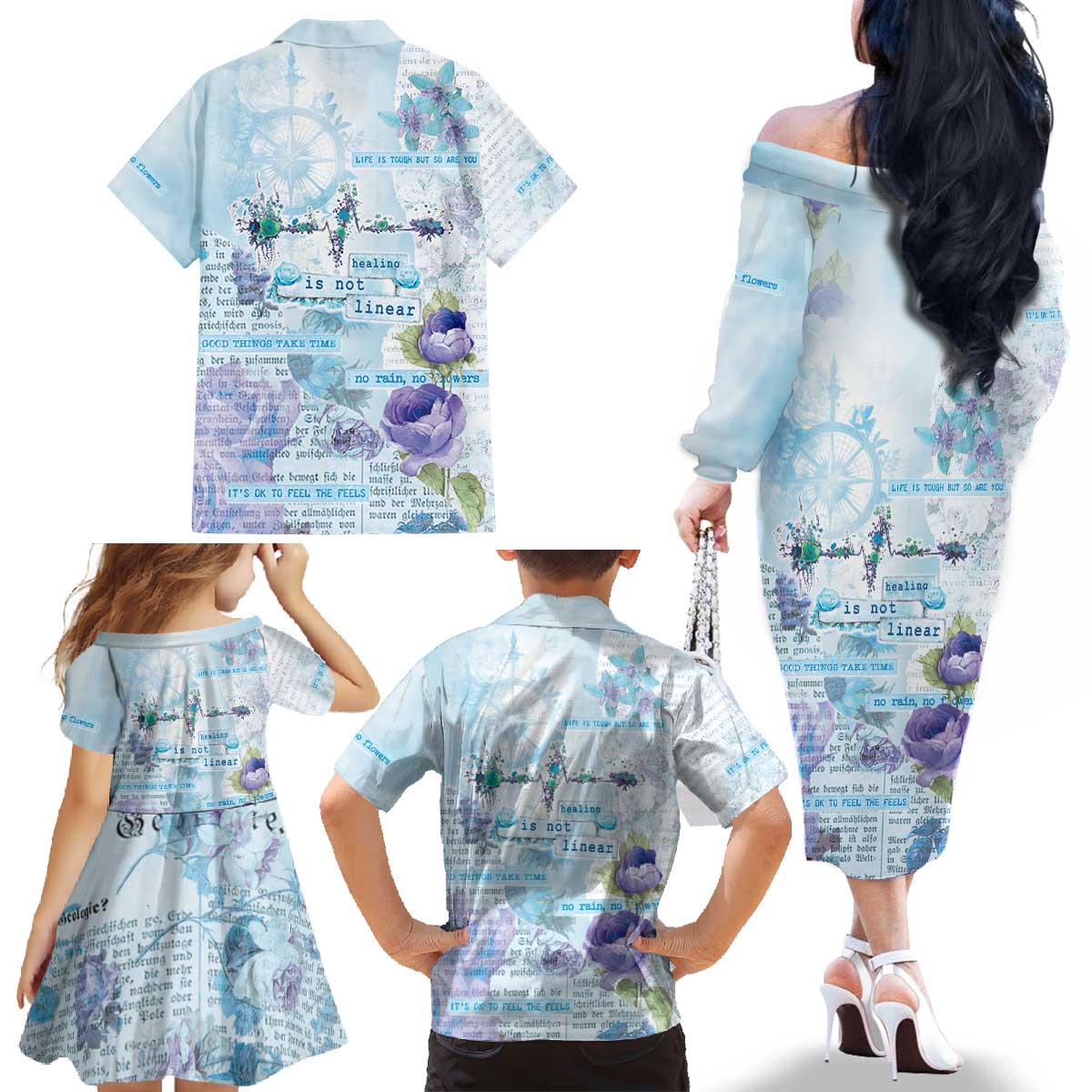 Mental Health Family Matching Off The Shoulder Long Sleeve Dress and Hawaiian Shirt Healing Is Not Linear - Wonder Print Shop