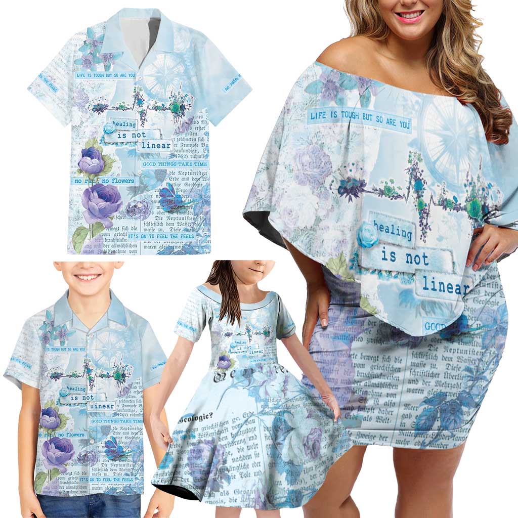 Mental Health Family Matching Off Shoulder Short Dress and Hawaiian Shirt Healing Is Not Linear - Wonder Print Shop