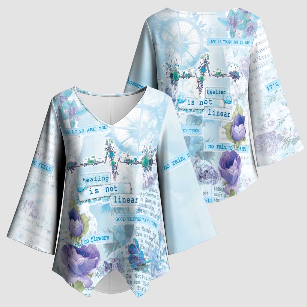 Mental Health Kimono Sleeve Blouse Healing Is Not Linear - Wonder Print Shop