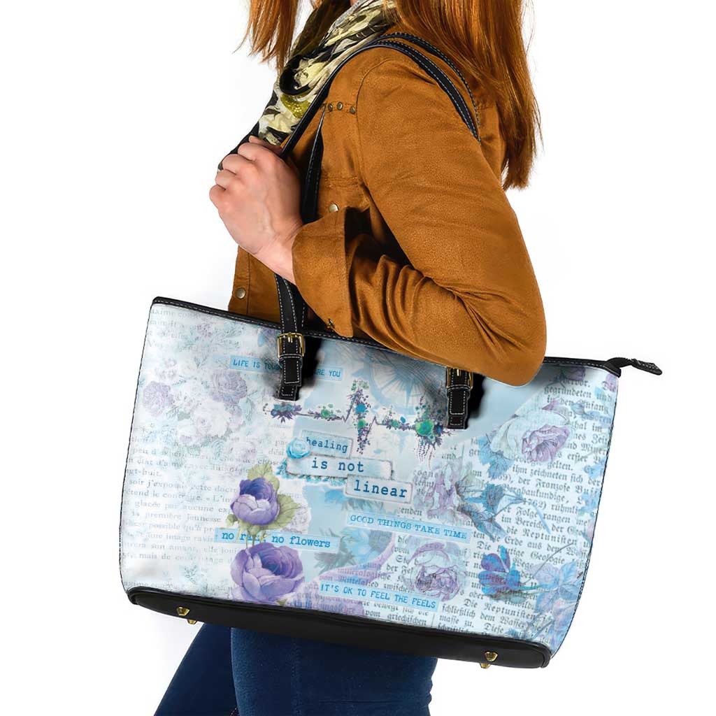 Mental Health Leather Tote Bag Healing Is Not Linear - Wonder Print Shop
