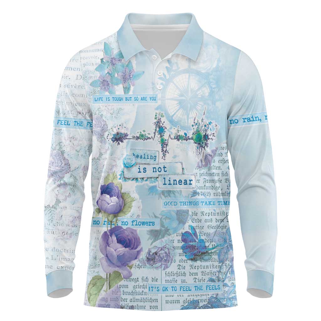Mental Health Long Sleeve Polo Shirt Healing Is Not Linear - Wonder Print Shop