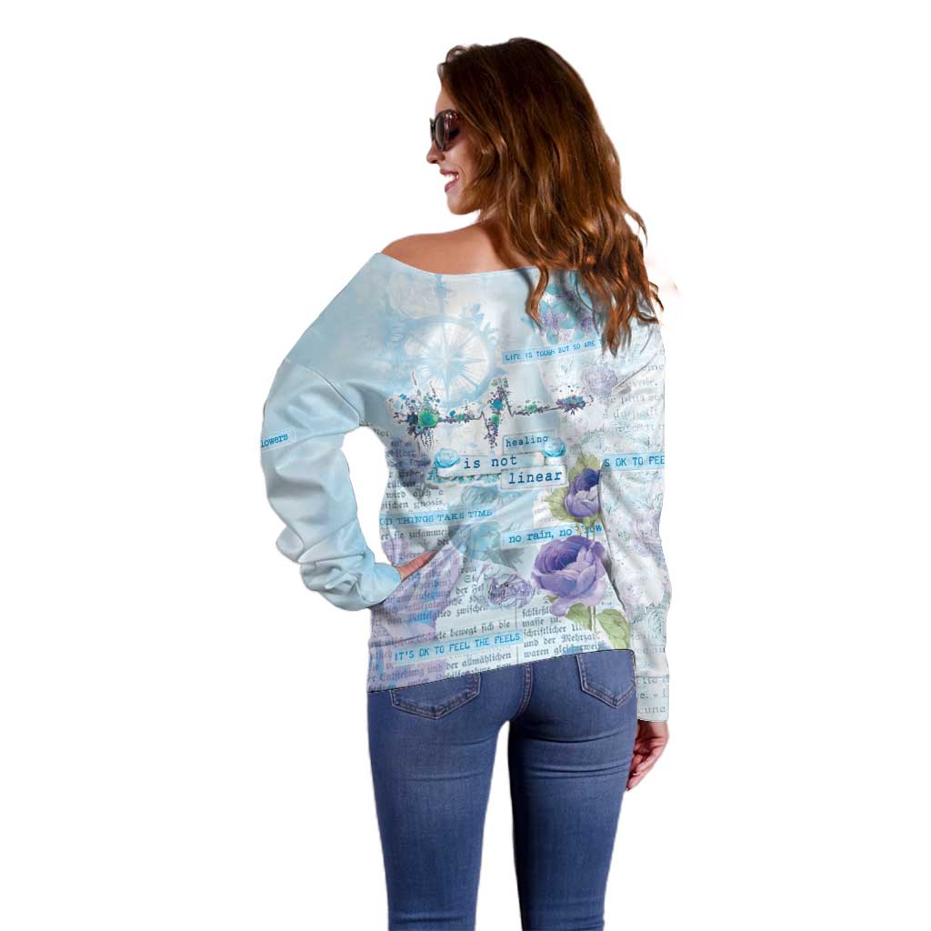 Mental Health Off Shoulder Sweater Healing Is Not Linear - Wonder Print Shop
