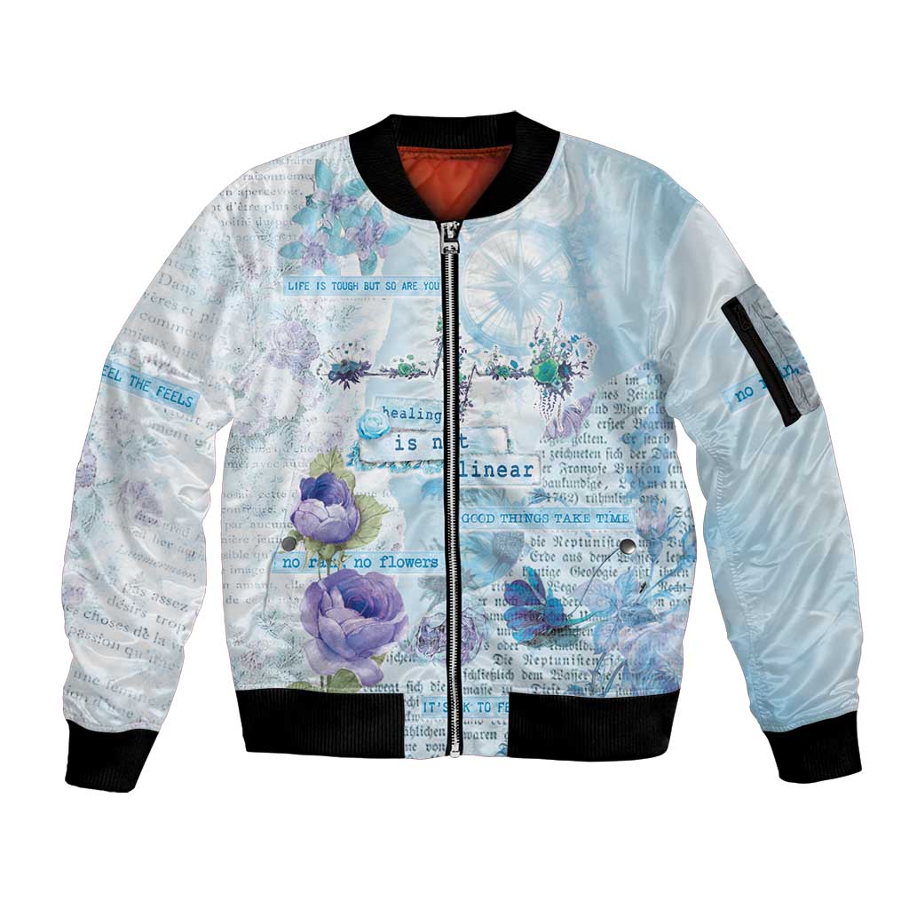 Mental Health Sleeve Zip Bomber Jacket Healing Is Not Linear - Wonder Print Shop