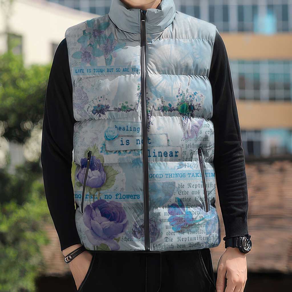 Mental Health Sleeveless Puffer Jacket Healing Is Not Linear - Wonder Print Shop