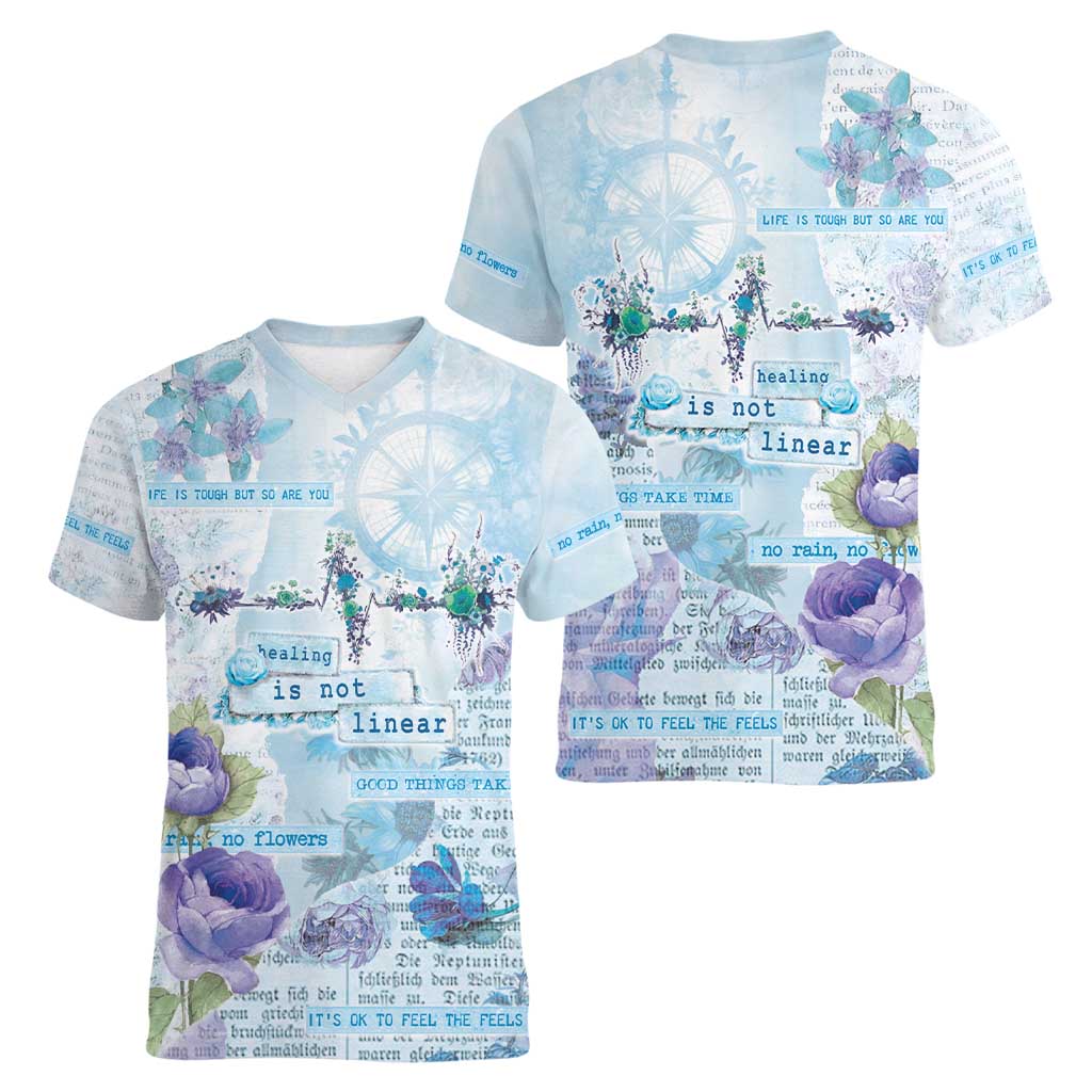 Mental Health Women V-Neck T-Shirt Healing Is Not Linear - Wonder Print Shop