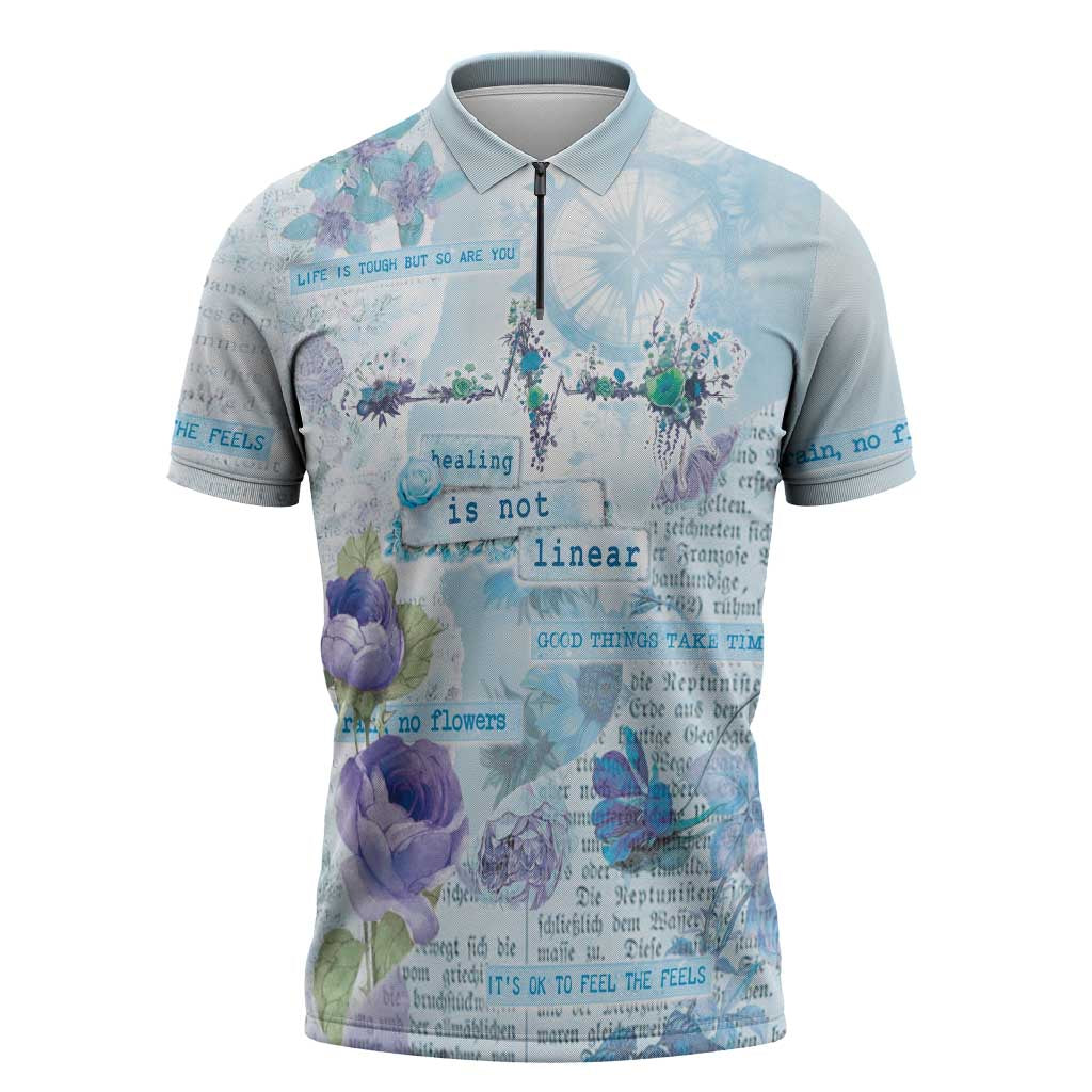 Mental Health Zipper Polo Shirt Healing Is Not Linear - Wonder Print Shop