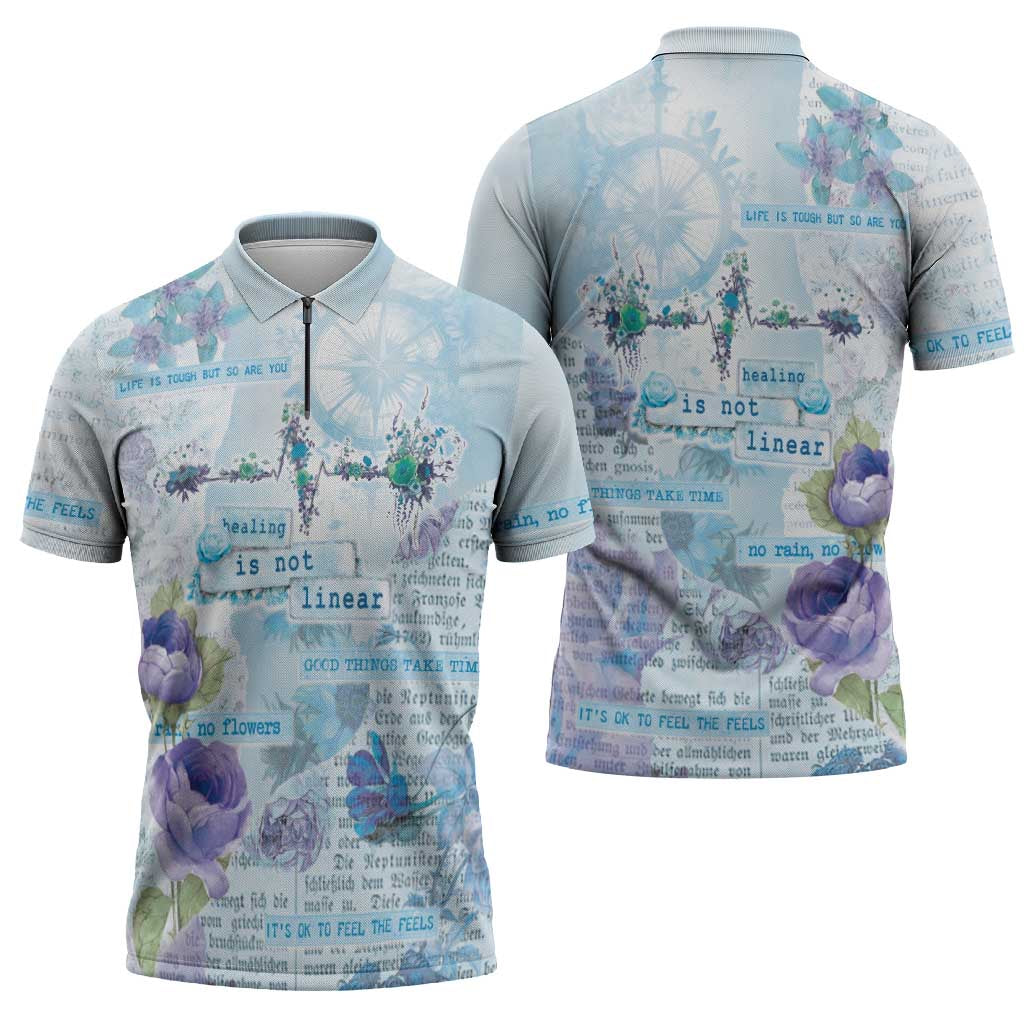 Mental Health Zipper Polo Shirt Healing Is Not Linear - Wonder Print Shop