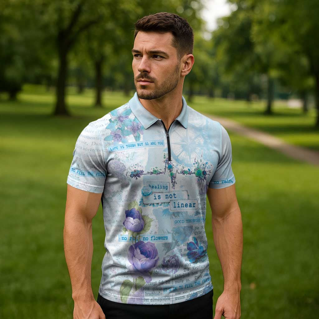 Mental Health Zipper Polo Shirt Healing Is Not Linear - Wonder Print Shop