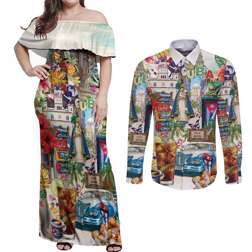 Cuba Libre Couples Matching Off Shoulder Maxi Dress and Long Sleeve Button Shirt The Culture Of Cuba - Wonder Print Shop