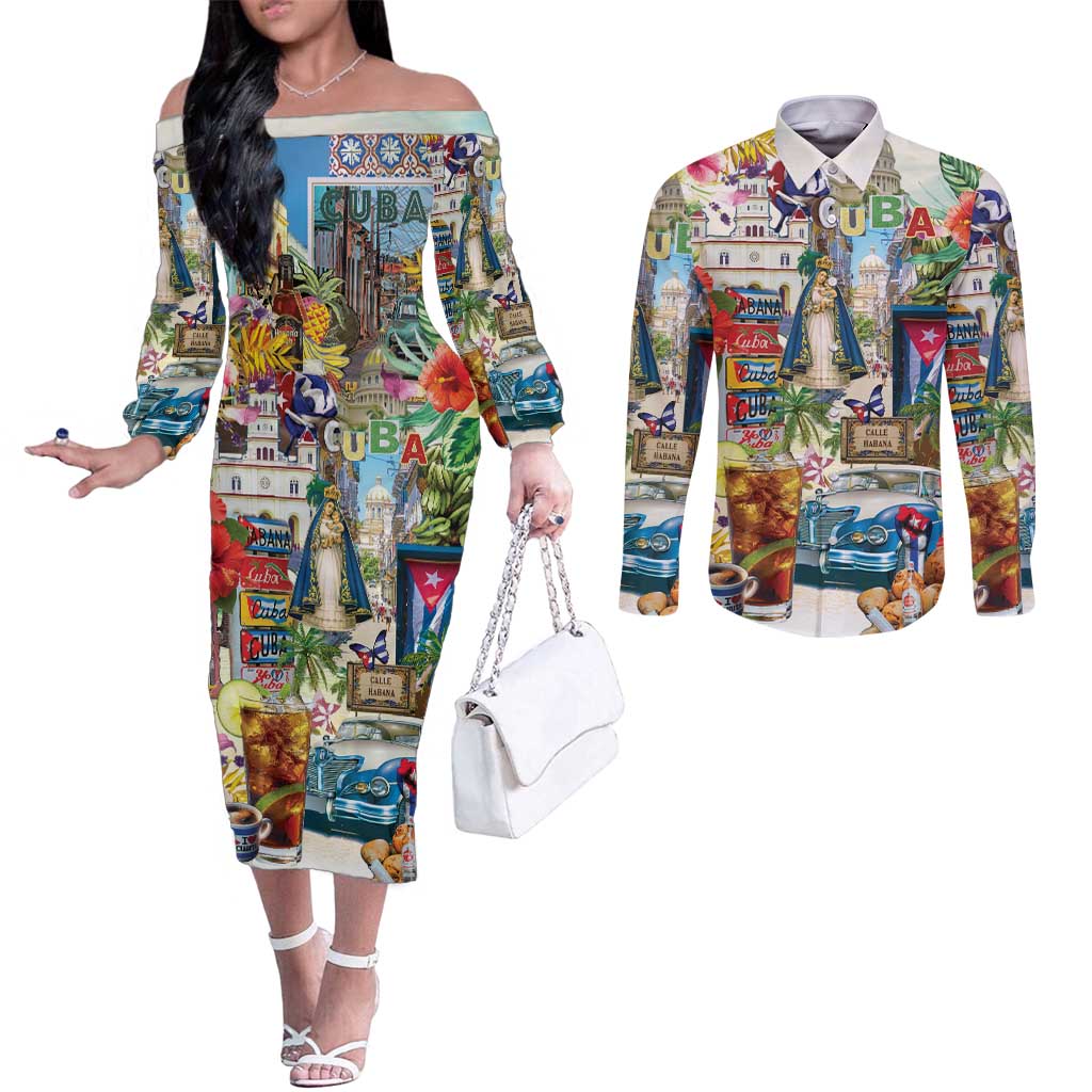 Cuba Libre Couples Matching Off The Shoulder Long Sleeve Dress and Long Sleeve Button Shirt The Culture Of Cuba - Wonder Print Shop