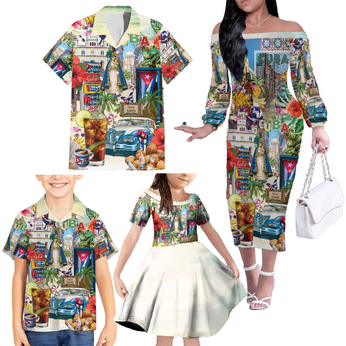 Cuba Libre Family Matching Off The Shoulder Long Sleeve Dress and Hawaiian Shirt The Culture Of Cuba - Wonder Print Shop