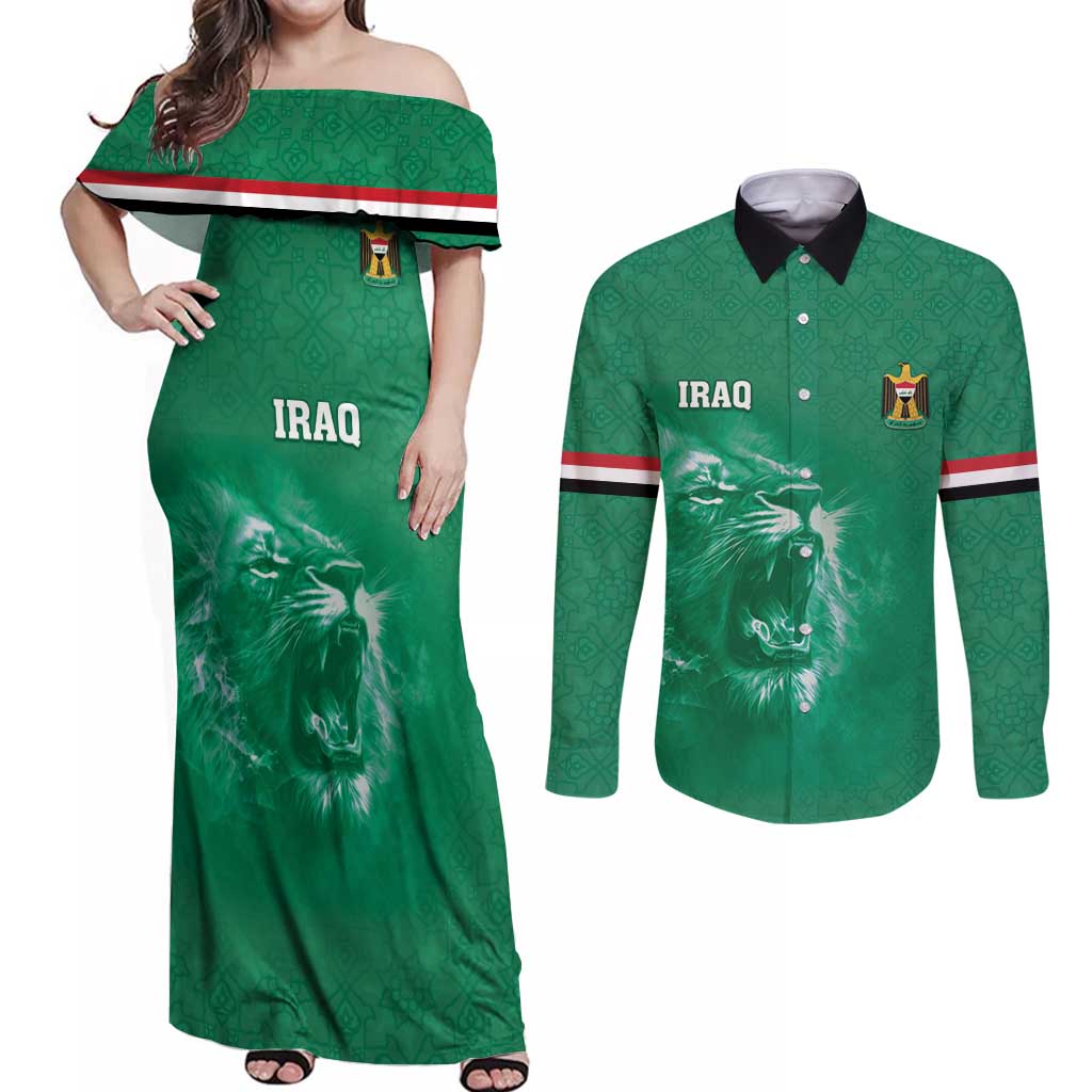 Custom Iraq Football Couples Matching Off Shoulder Maxi Dress and Long Sleeve Button Shirt Go Champions - Wonder Print Shop